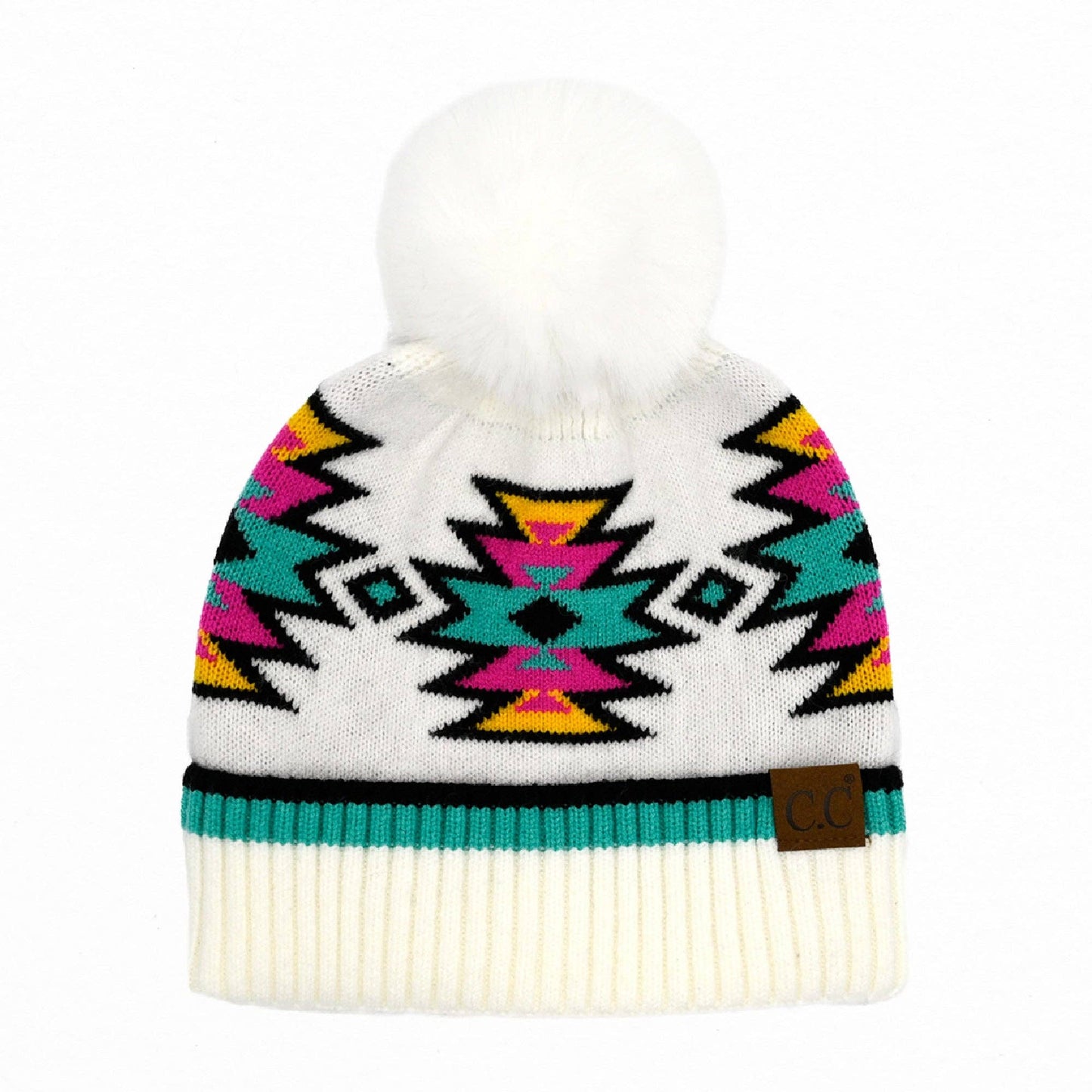Southwestern Pattern Faux Fur Pom Beanie
