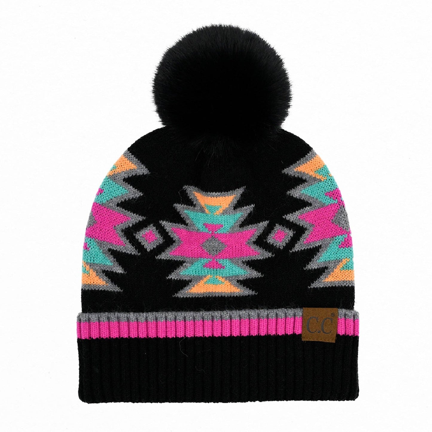 Southwestern Pattern Faux Fur Pom Beanie