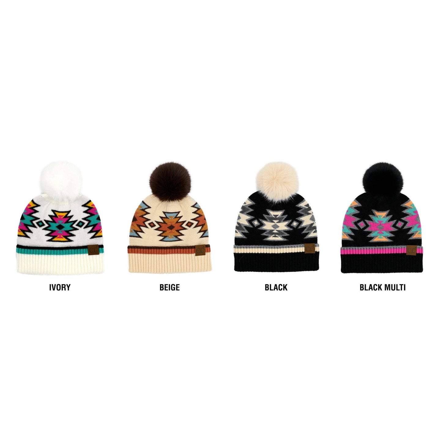 Southwestern Pattern Faux Fur Pom Beanie