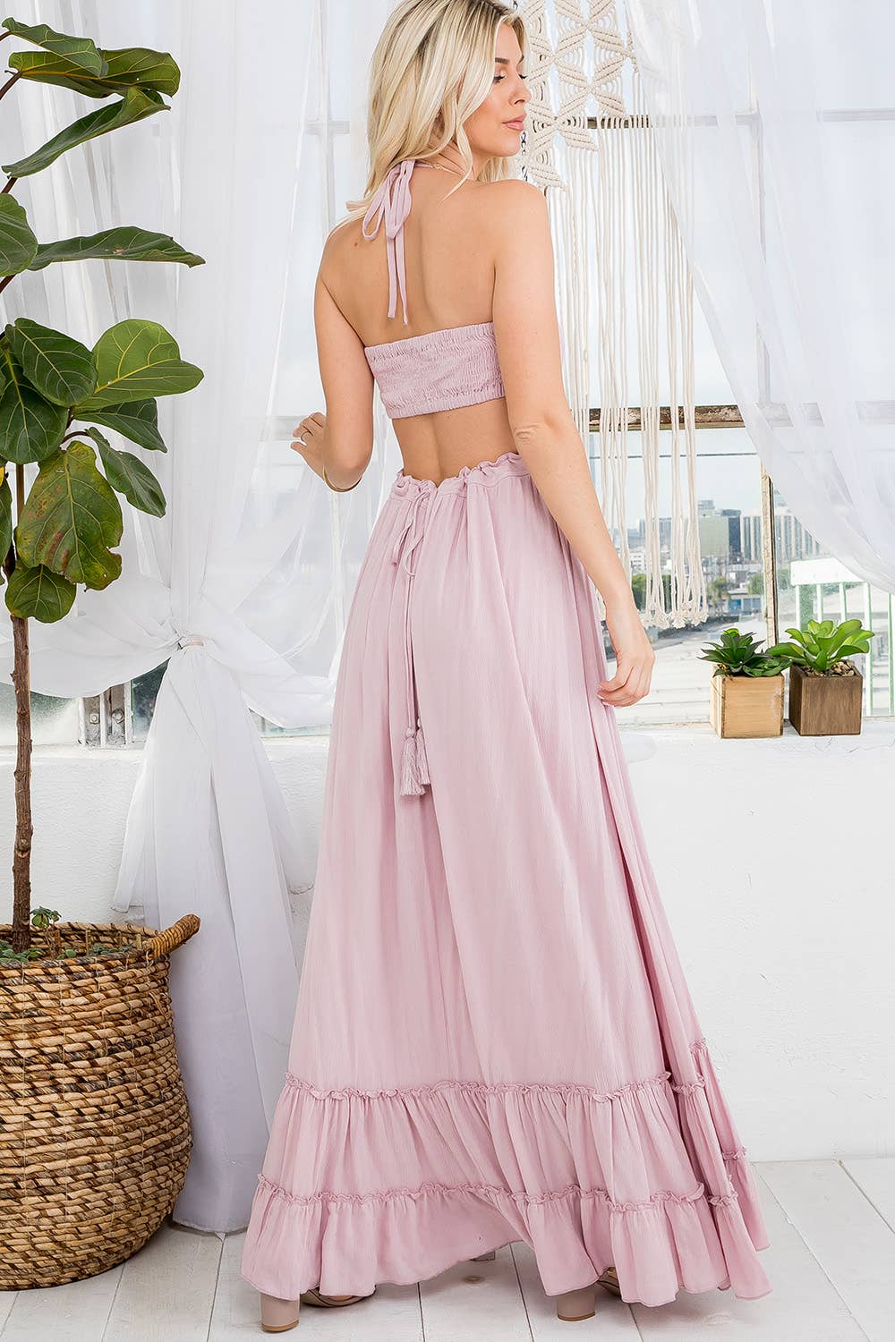 Halter Cut-Out Back Smocked Tiered Skirt Maxi Dress