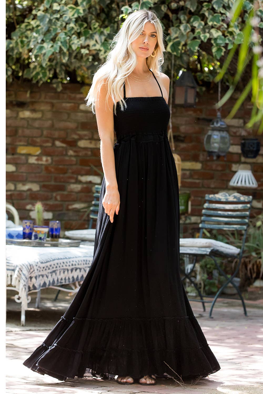 Halter Cut-Out Back Smocked Tiered Skirt Maxi Dress
