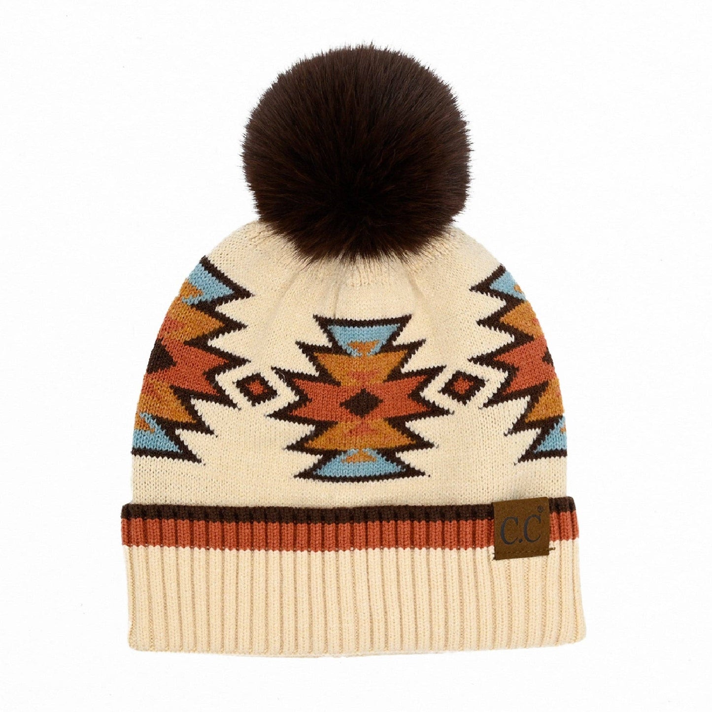 Southwestern Pattern Faux Fur Pom Beanie