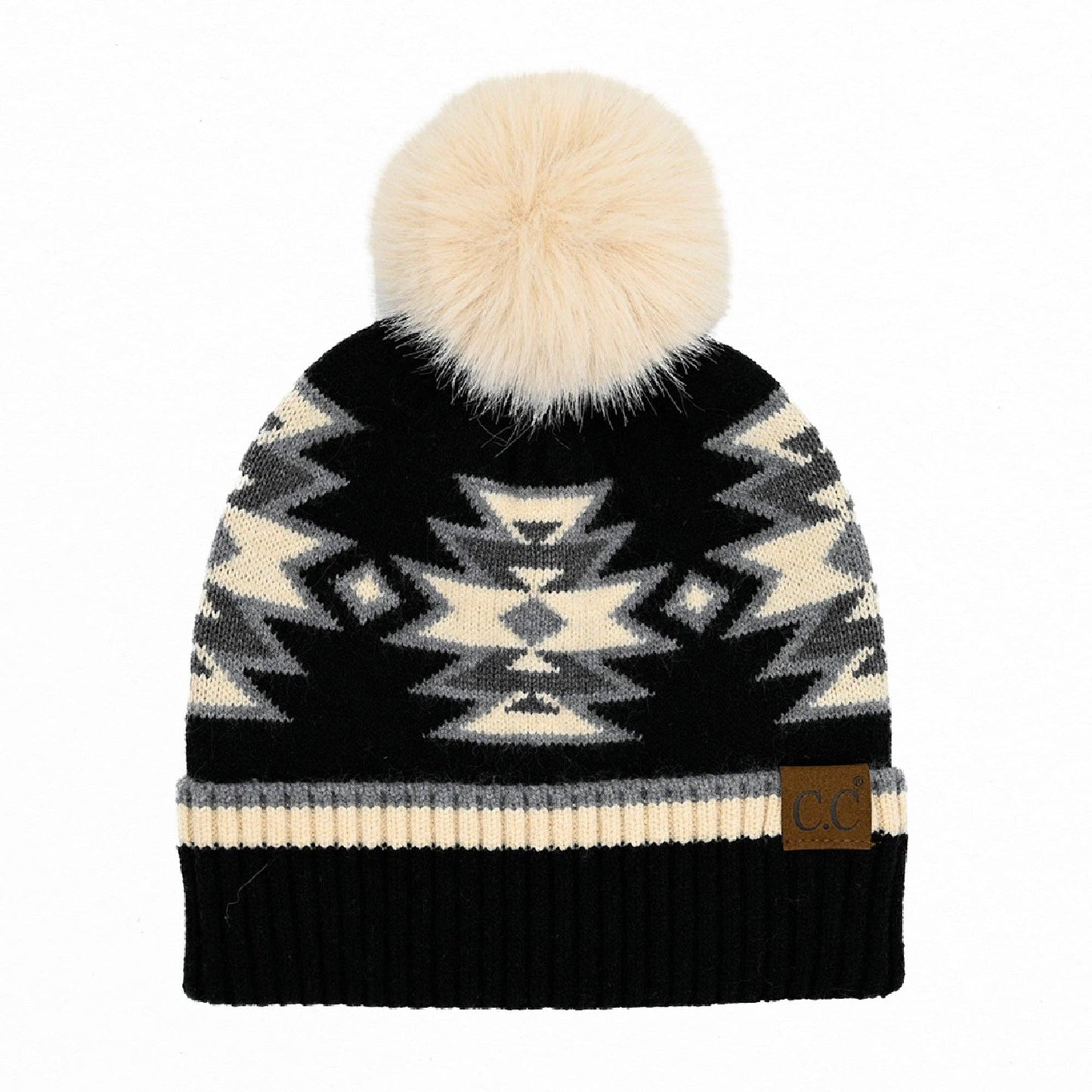 Southwestern Pattern Faux Fur Pom Beanie