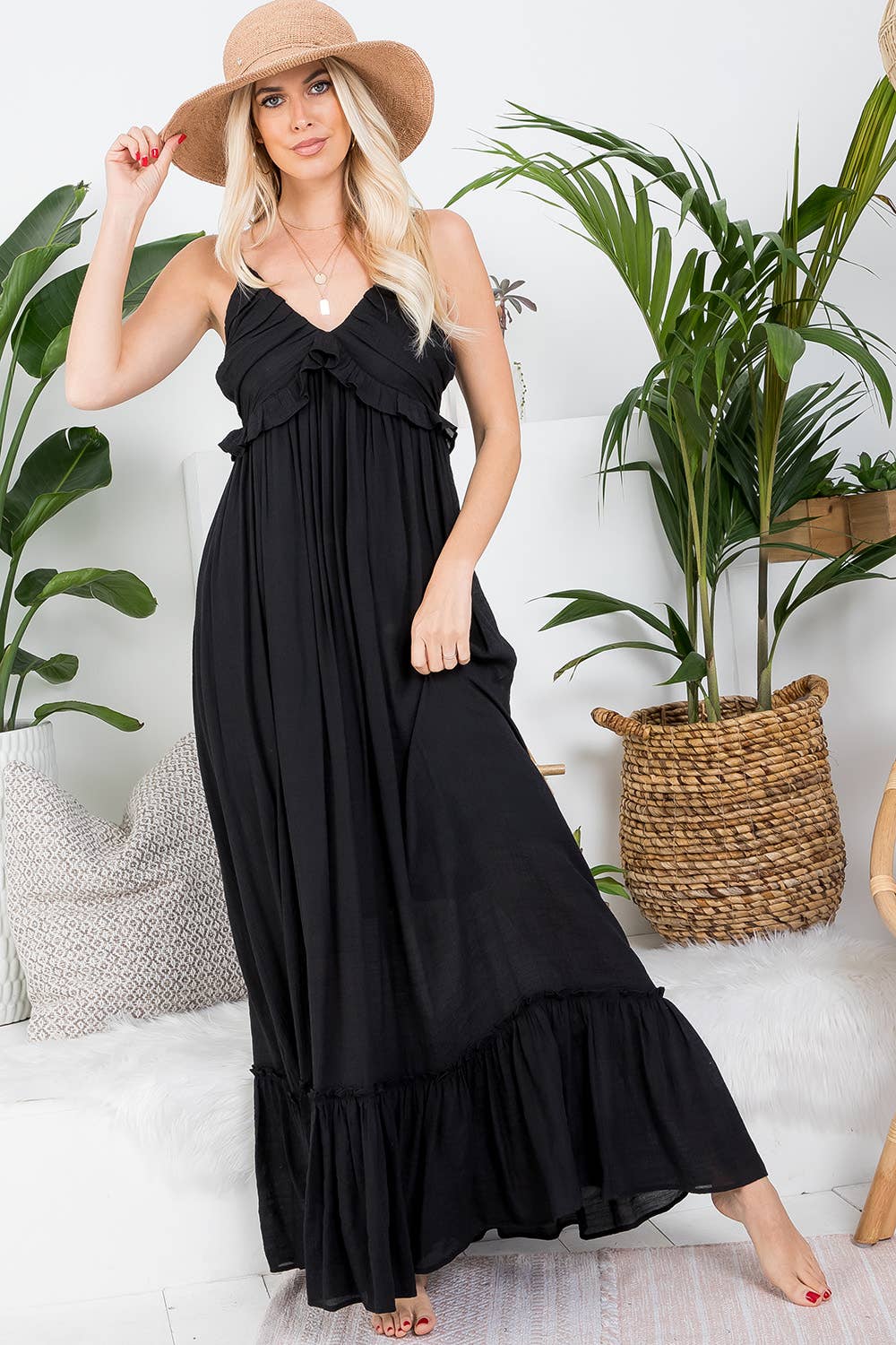 Ruffle V Neck Maxi Dress