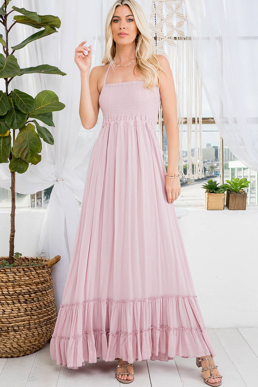 Halter Cut-Out Back Smocked Tiered Skirt Maxi Dress