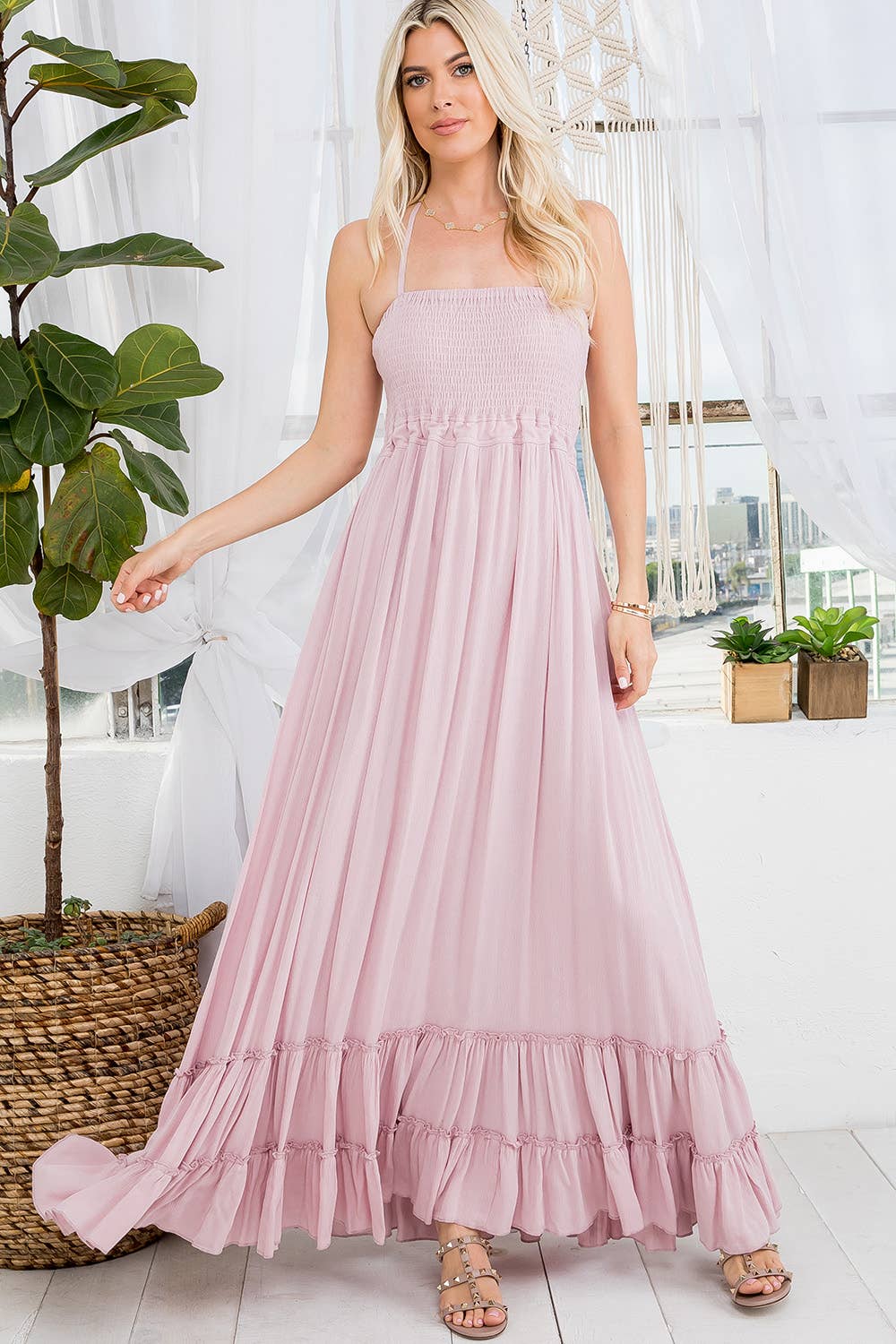 Halter Cut-Out Back Smocked Tiered Skirt Maxi Dress