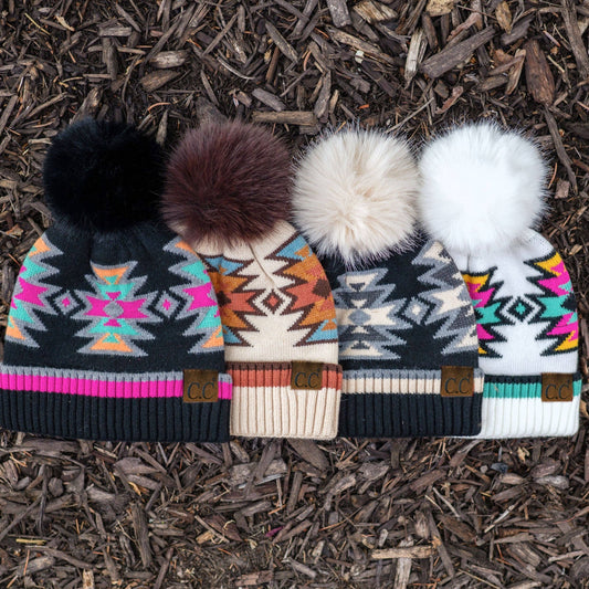 Southwestern Pattern Faux Fur Pom Beanie