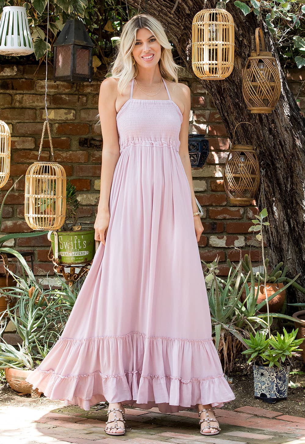 Halter Cut-Out Back Smocked Tiered Skirt Maxi Dress