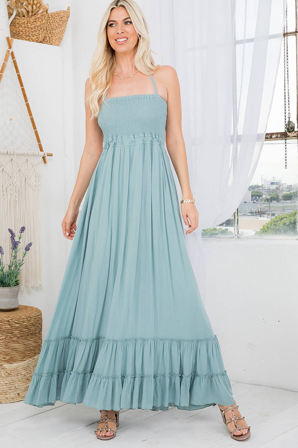 Halter Cut-Out Back Smocked Tiered Skirt Maxi Dress